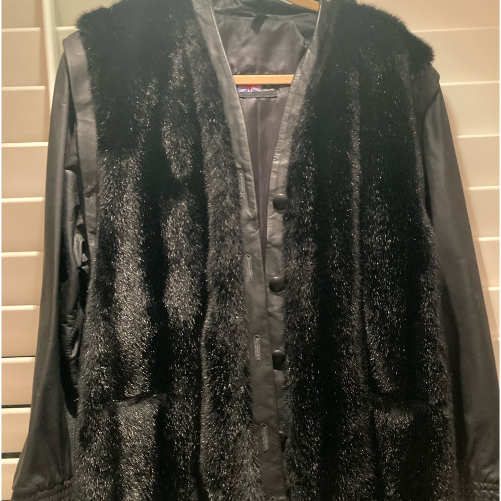 Vintage from the 1980’s black faux mink and leather jacket